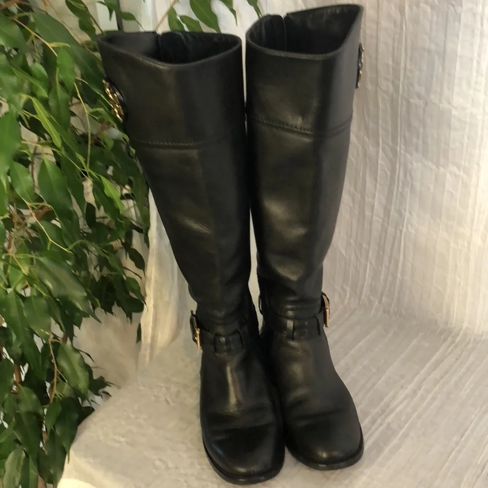 TORY BURCH Adeline size 5.5 black leather riding boots large gold Miller logo